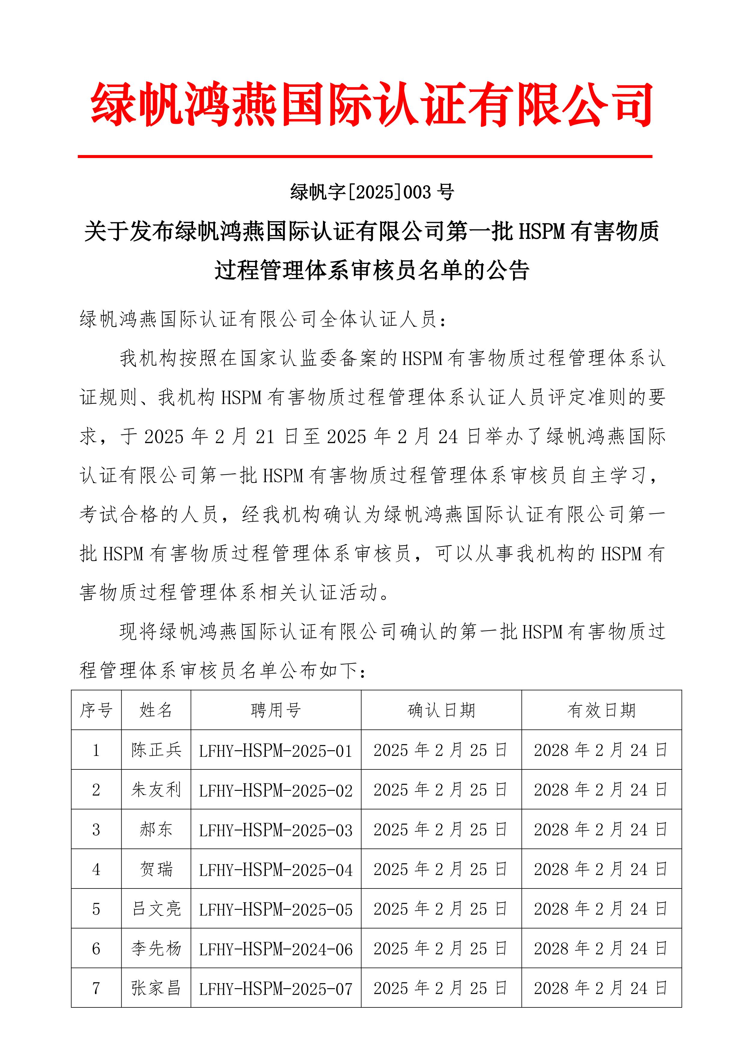 06==bsports必一体育发布bsports必一体育第一批HSPM有害物质过程管理体系认证审核员名单的公告20250225_00