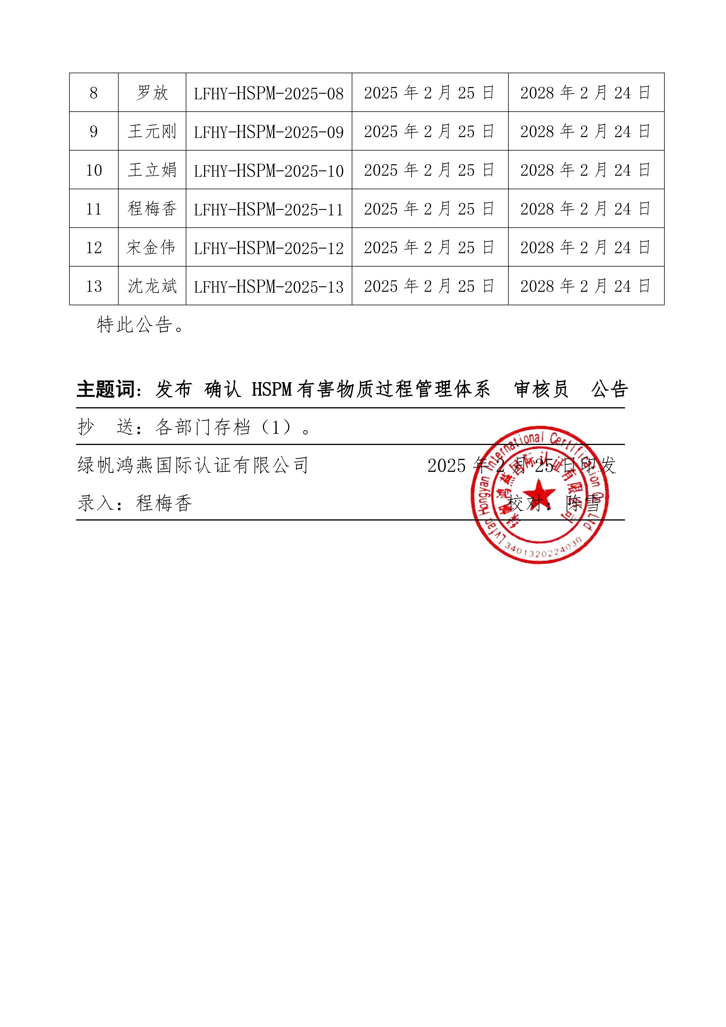 06==bsports必一体育发布bsports必一体育第一批HSPM有害物质过程管理体系认证审核员名单的公告20250225_01